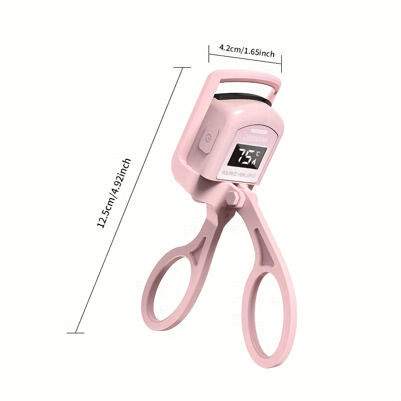 A Pink USB Heated Eyelash Curler with an LED Battery Display, Featuring a Pad That Changes Color with Temperature.