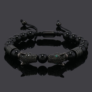 1pc Men's Glossy Black Stone Bead Bracelet with Double Leopard Head Charm