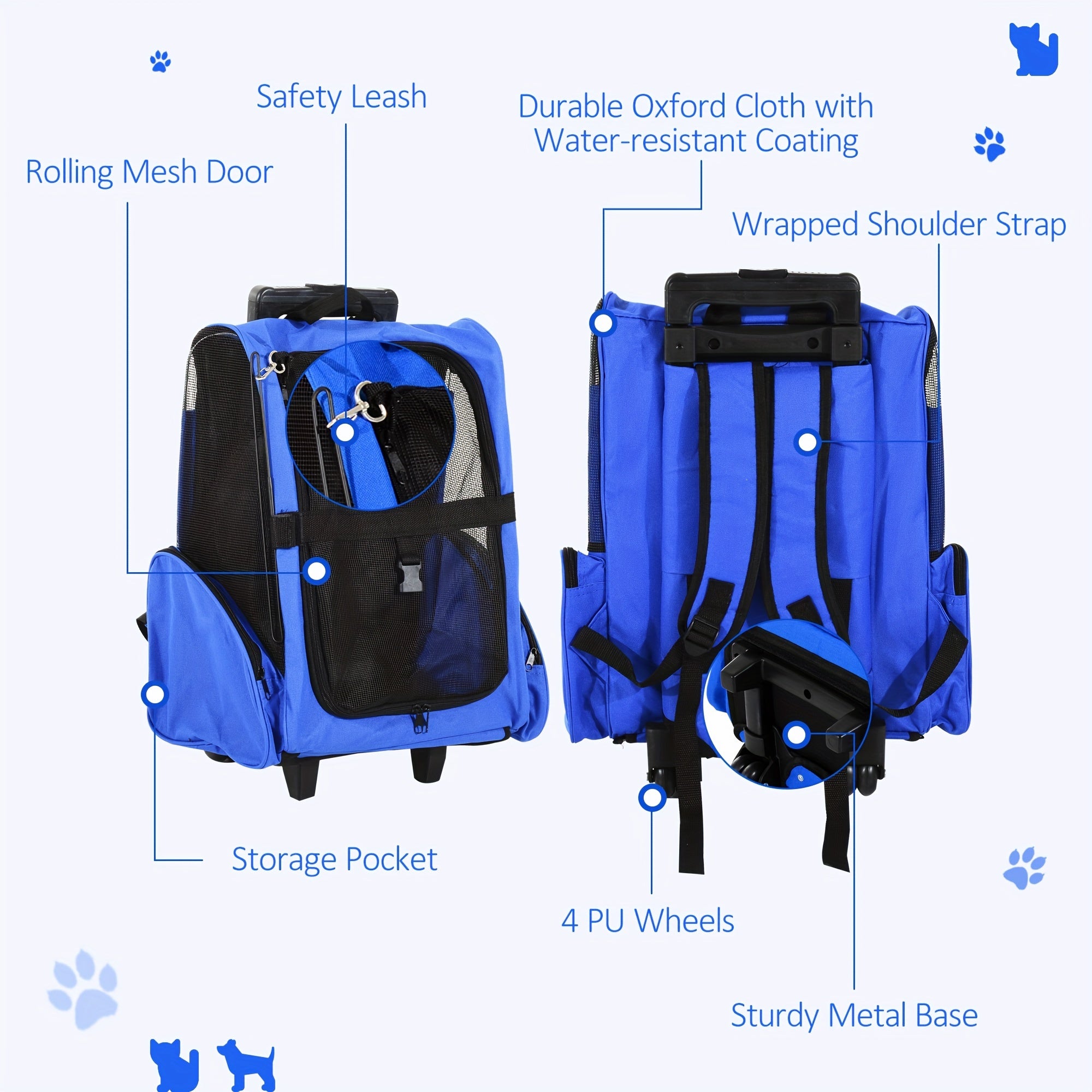 Versatile Blue Pet Carrier Backpack with Rolling Wheels | Removable Stand for Cats & Dogs, Cat Backpack Carrier