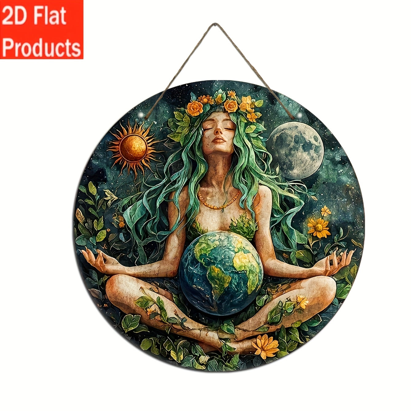 2D Flat, 1pc, Goddess Gaia Earth Mother Sign 8 Inch x 8 Inch, Vintage Wooden Plaque Wall Art
