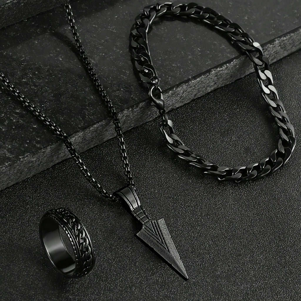 A 3pcs Arrow Jewelry Set for Men And Women, Including a Hip-Hop Chain, Bracelet, Ring, And Necklace.