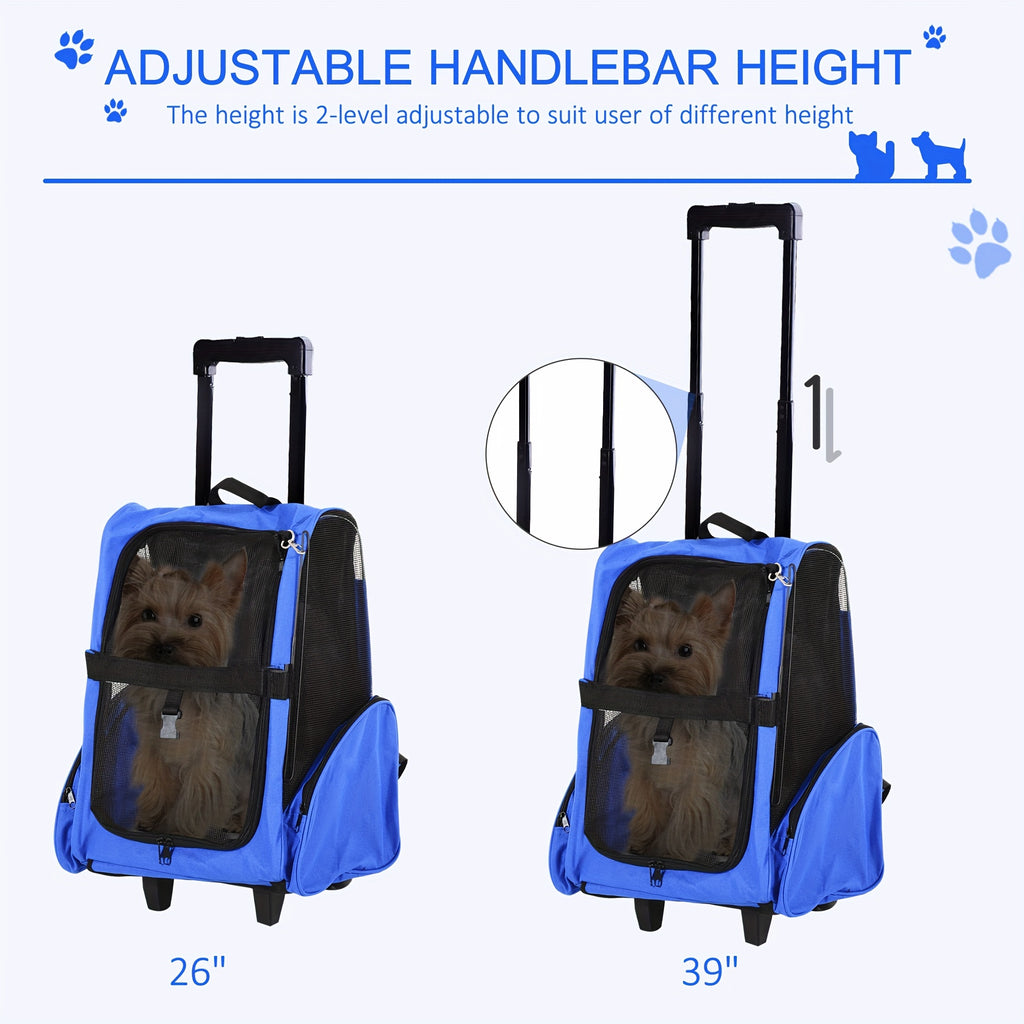 Versatile Blue Pet Carrier Backpack with Rolling Wheels | Removable Stand for Cats & Dogs, Cat Backpack Carrier