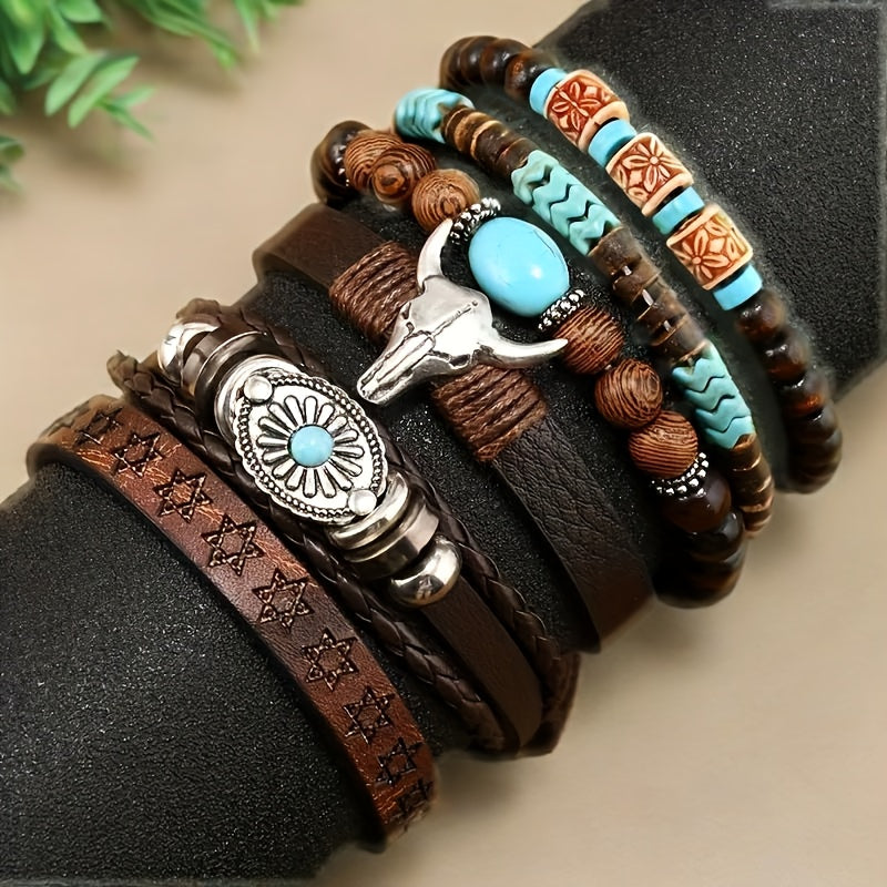 Set of 6 Brown Classic Bull Head Sunflower Bracelets, Stackable And Adjustable