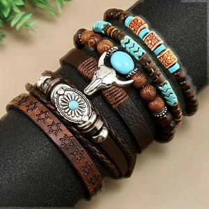 Set of 6 Brown Classic Bull Head Sunflower Bracelets, Stackable And Adjustable