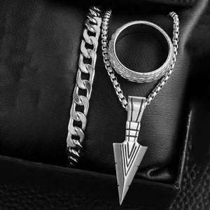 A 3pcs Arrow Jewelry Set for Men And Women, Including a Hip-Hop Chain, Bracelet, Ring, And Necklace.
