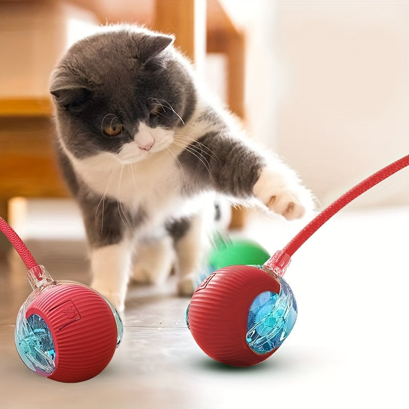 A Red Interactive Spherical Pet Toy with a Tail And Vibration/Lighting Features for Cats