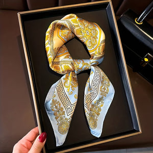 Vintage Golden-Tone Pattern Scarf in Blue and Black