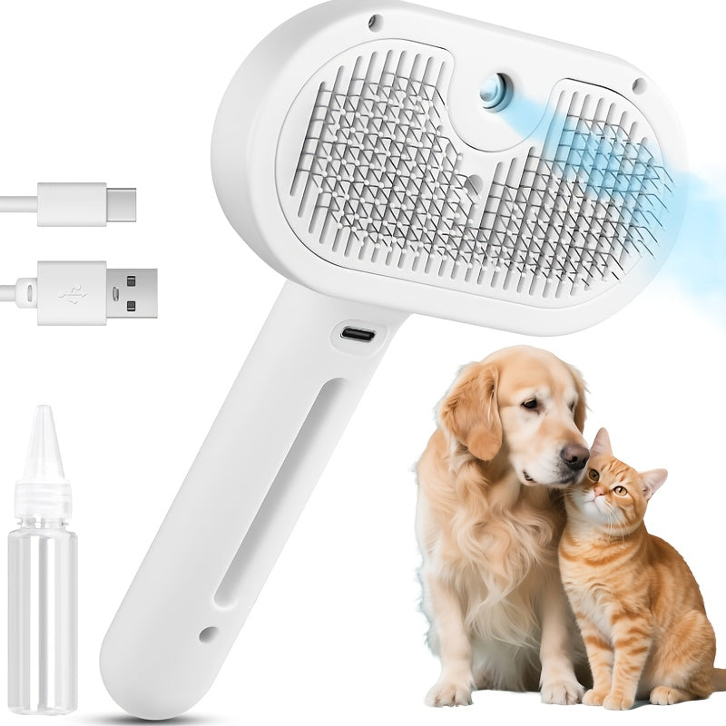 3-in-1 Cat Steam Brush with USB Charging, Stainless Steel Bristles & Release Button