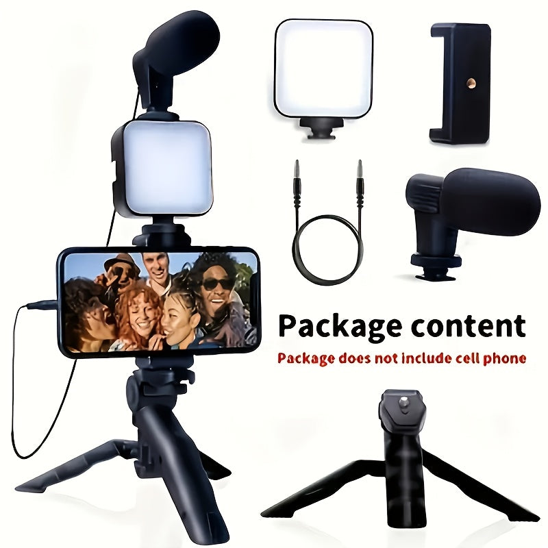 Professional Selfie Stick Video Camera Stand Microphone Kit, Portable Phone Tripod with Fill Light