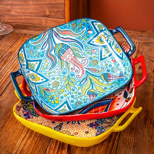 4pcs Bohemian Double-Handle Square Plates