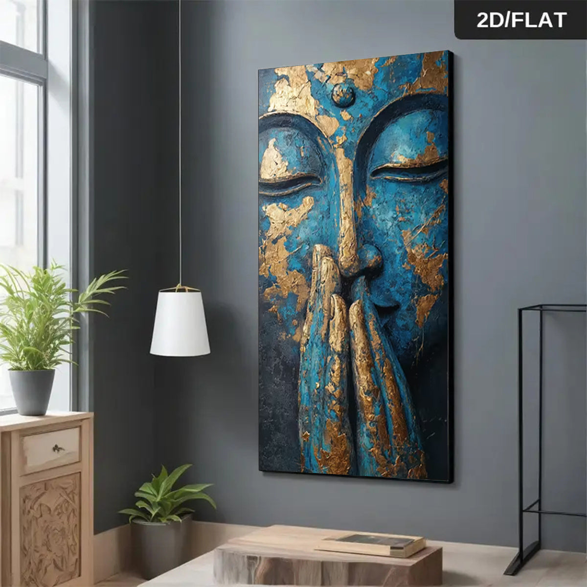 2D Flat, Large Modern Statue Canvas - Blue & Golden Hands