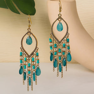 Hollow Teardrop Natural Stone Chain Design Dangle Earrings