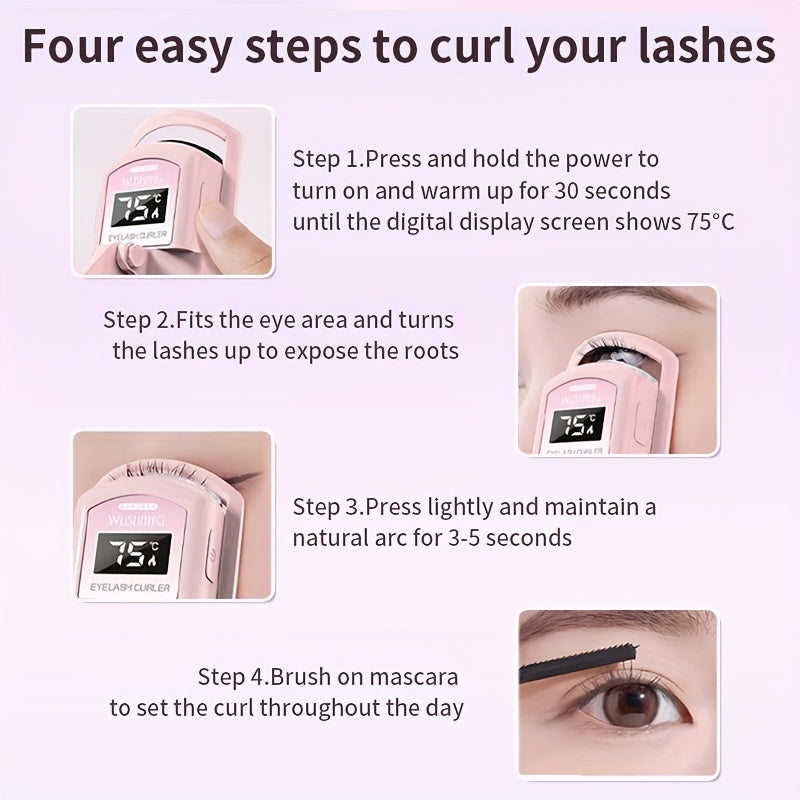 A Pink USB Heated Eyelash Curler with an LED Battery Display, Featuring a Pad That Changes Color with Temperature.