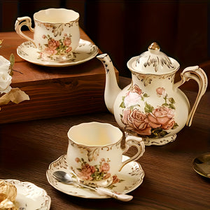 European-Style Coffee Cup And Saucer Set Made of Ivory Ceramic with a Golden Rack