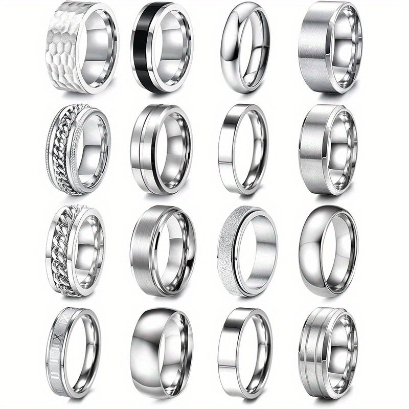 16pcs Men's 201 Stainless Steel Rings, Women's Cold Strap Rings, Men's Simple Engagement Ring Set