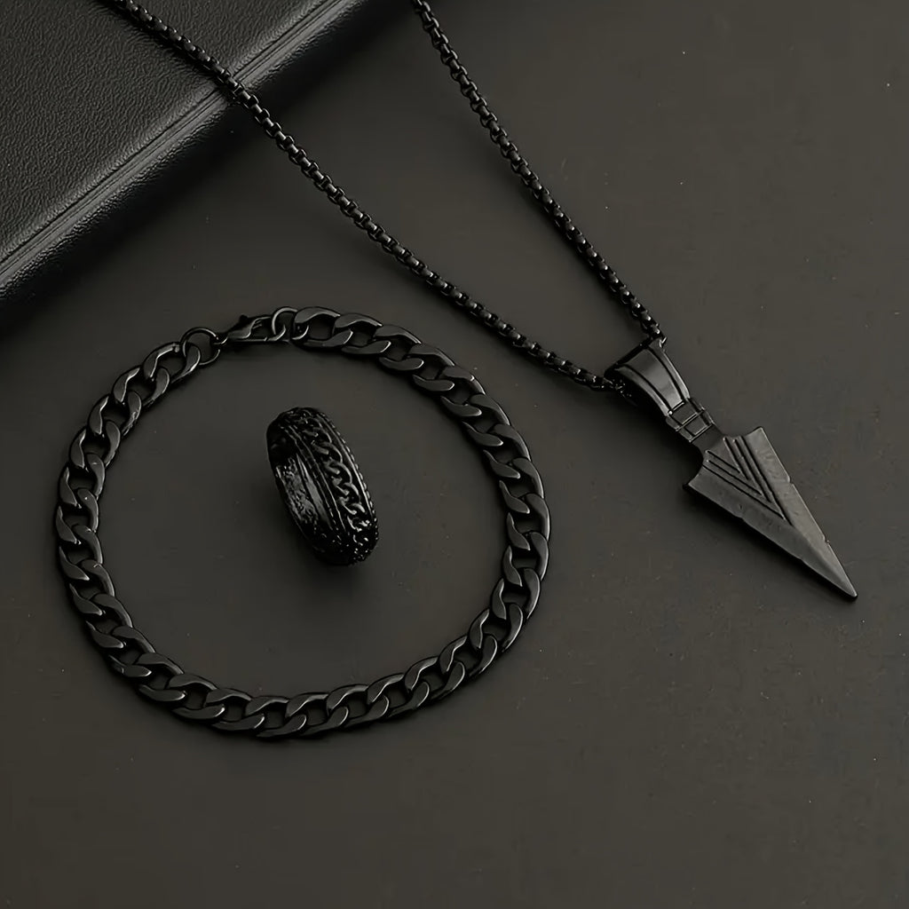 A 3pcs Arrow Jewelry Set for Men And Women, Including a Hip-Hop Chain, Bracelet, Ring, And Necklace.