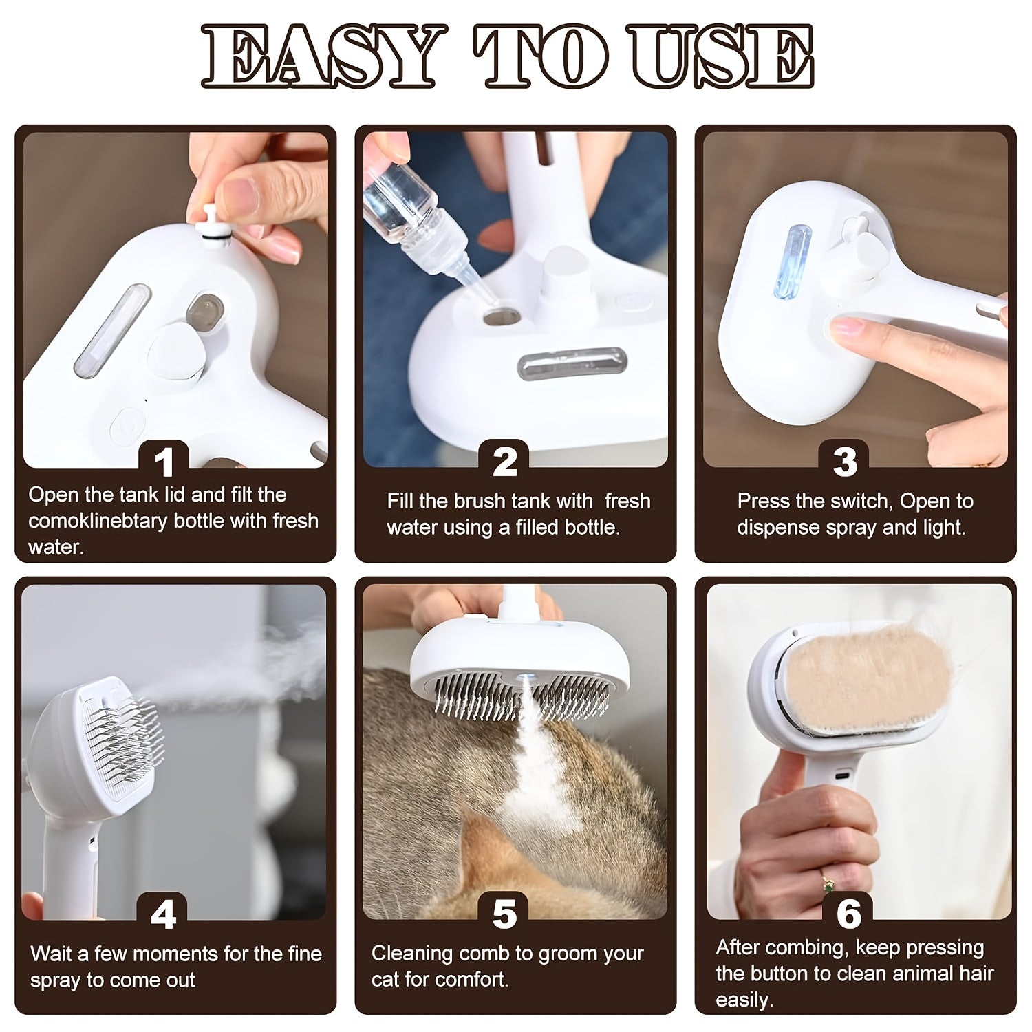 3-in-1 Cat Steam Brush with USB Charging, Stainless Steel Bristles & Release Button