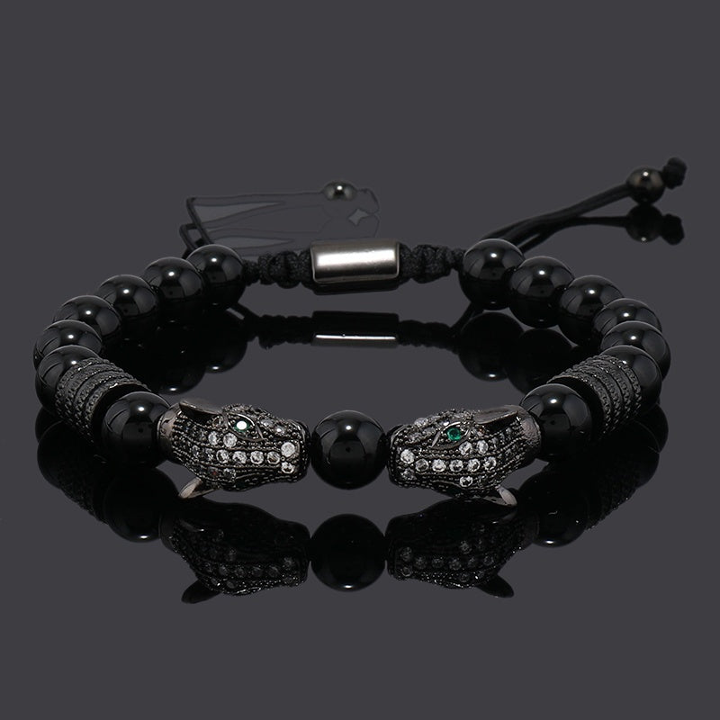 1pc Men's Glossy Black Stone Bead Bracelet with Double Leopard Head Charm