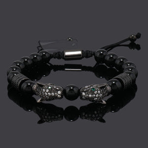1pc Men's Glossy Black Stone Bead Bracelet with Double Leopard Head Charm