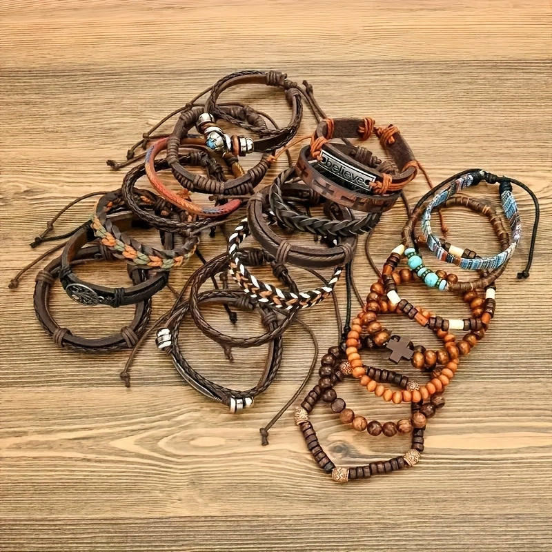 21pcs Men'S Ethnic Tree of Life Cross Bracelet Set - Vintage Style, Synthetic