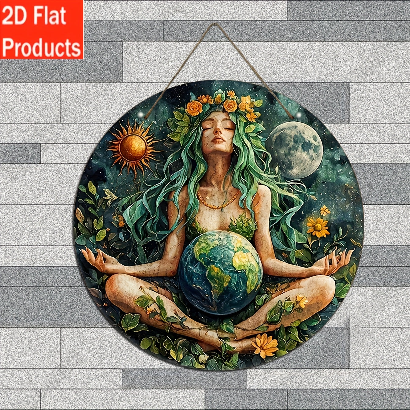 2D Flat, 1pc, Goddess Gaia Earth Mother Sign 8 Inch x 8 Inch, Vintage Wooden Plaque Wall Art