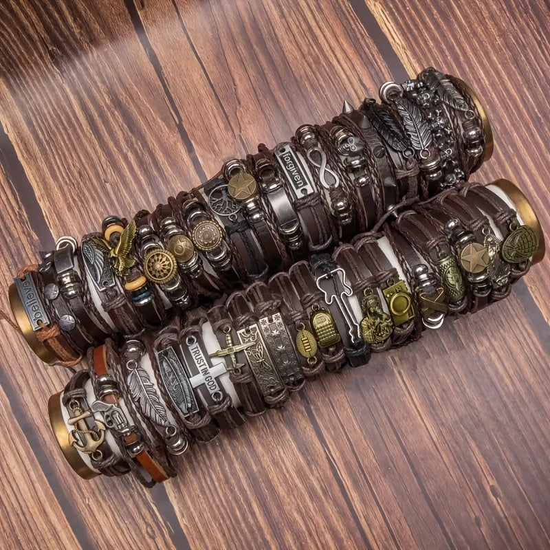 10pcs Mixed Color Punk Style 's Bracelet Set, PU Leather Braided Trendy Versatile Valentine's Day Gift for Boyfriend, for Teenager