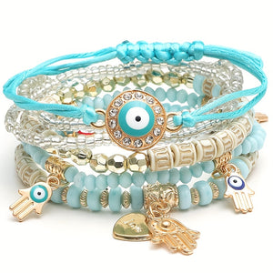6pcs Boho Chic Handmade Beaded Bracelet Set with Eye Charms