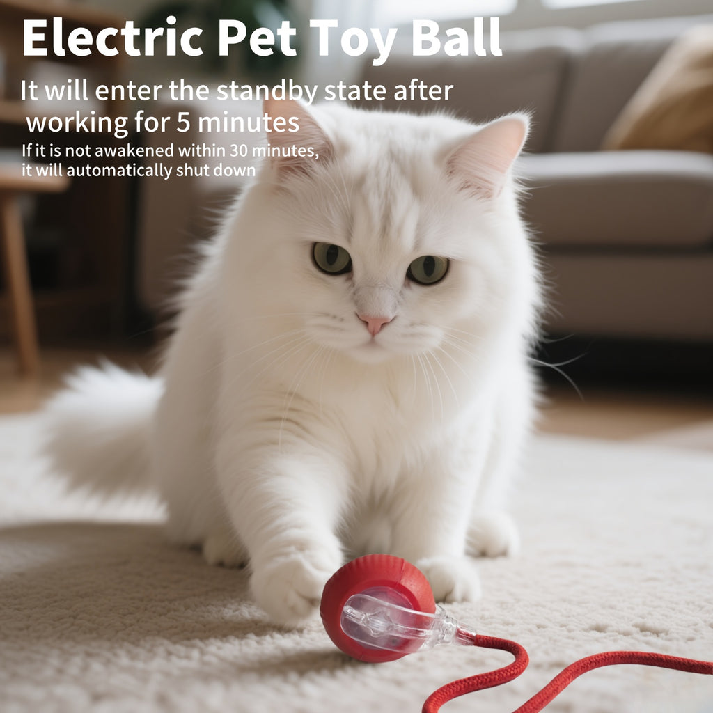 A Red Interactive Spherical Pet Toy with a Tail And Vibration/Lighting Features for Cats