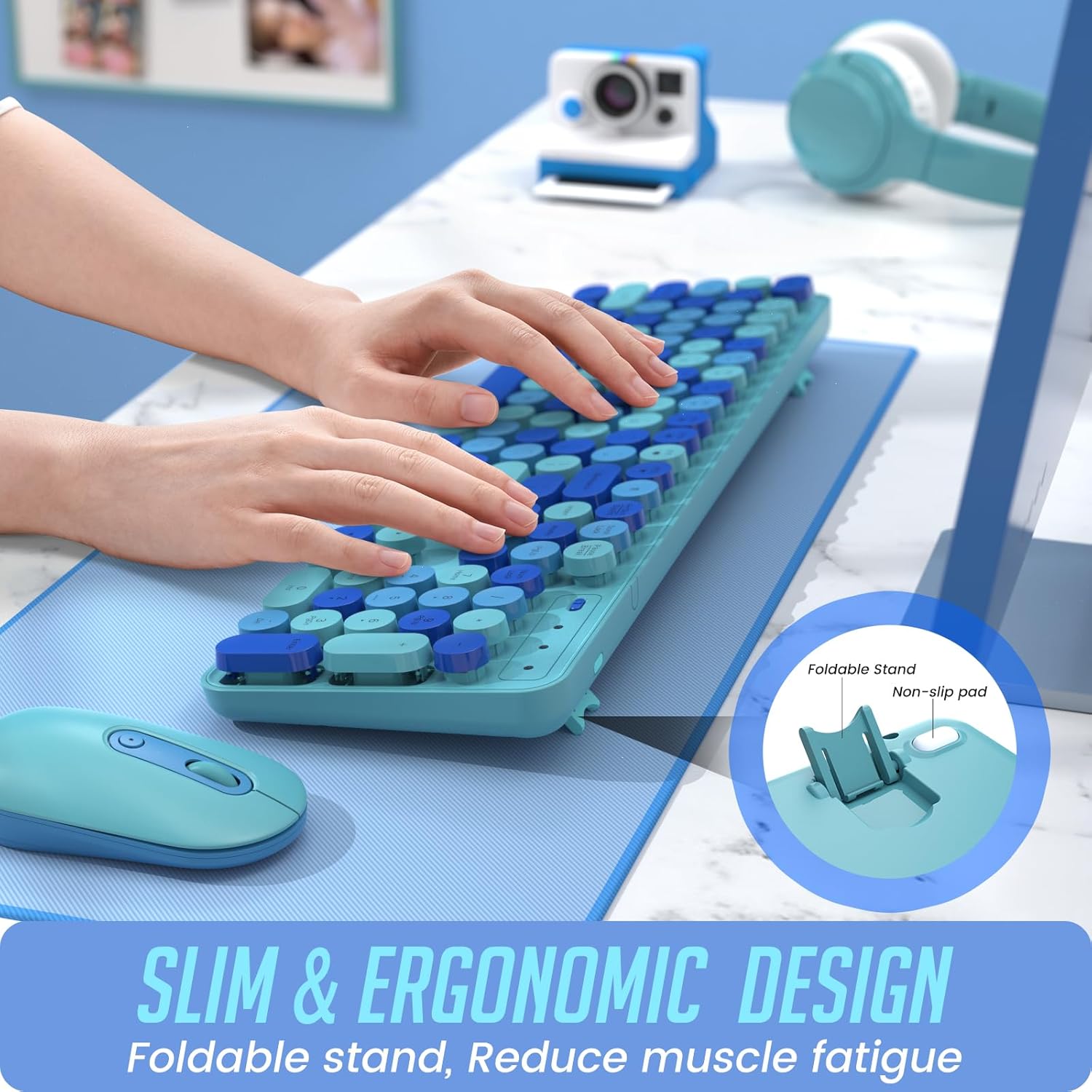 Wireless Keyboard and Mouse Combo - Full-Sized Colorful Typewriter Keyboard with Round Keycaps, 2.4G Cute Mouse