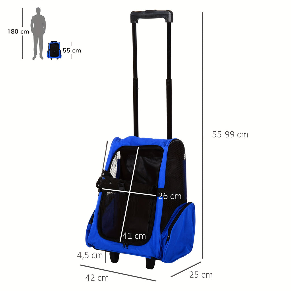Versatile Blue Pet Carrier Backpack with Rolling Wheels | Removable Stand for Cats & Dogs, Cat Backpack Carrier
