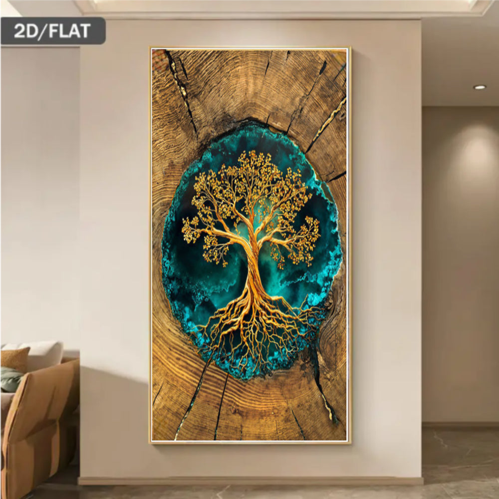 2D Flat, Tree of Life Turquoise & Wood Circle Wall Art