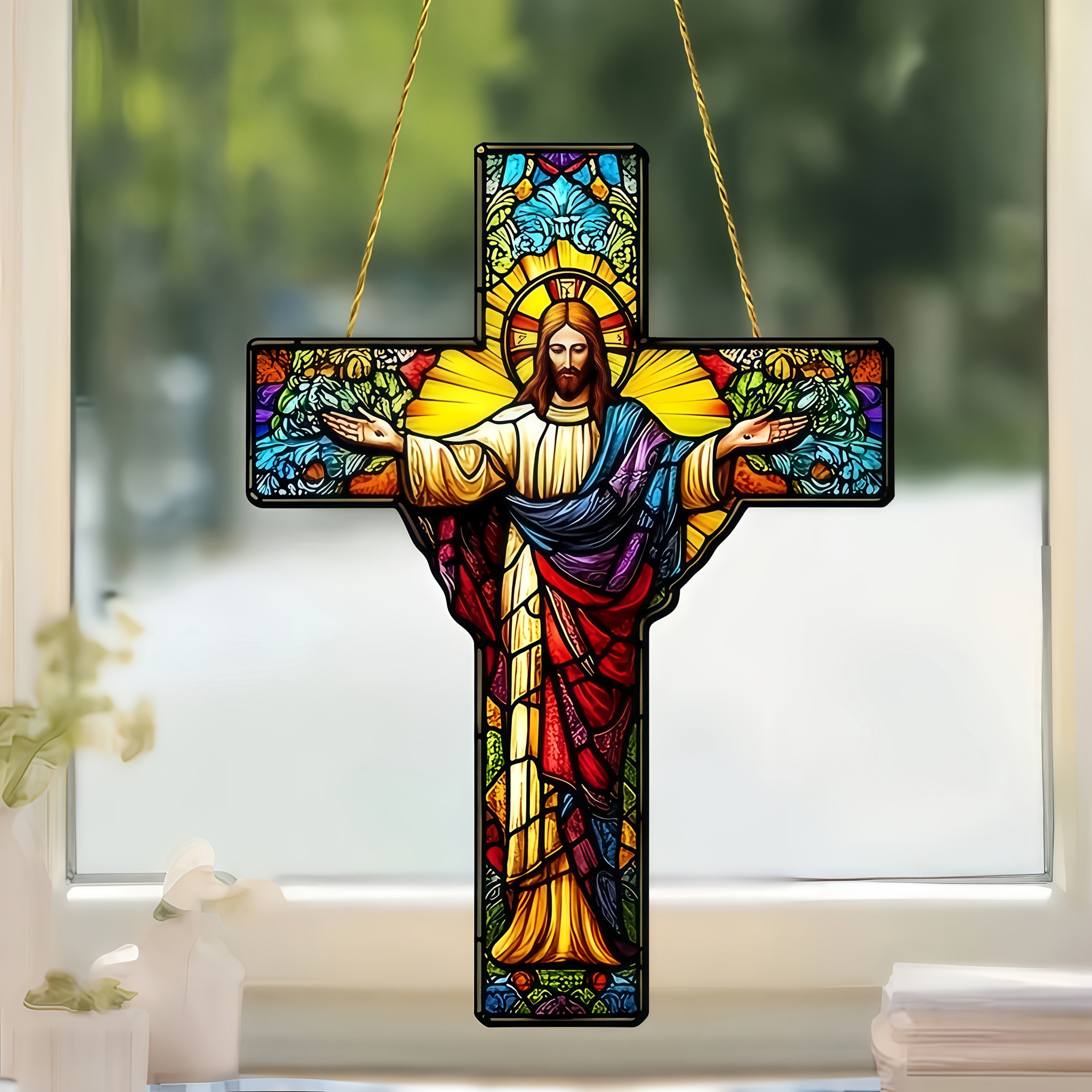 2D Flat, 2D Flat Acrylic "Cross" Hanging Ornament - Sun Catcher for Christmas and Easter