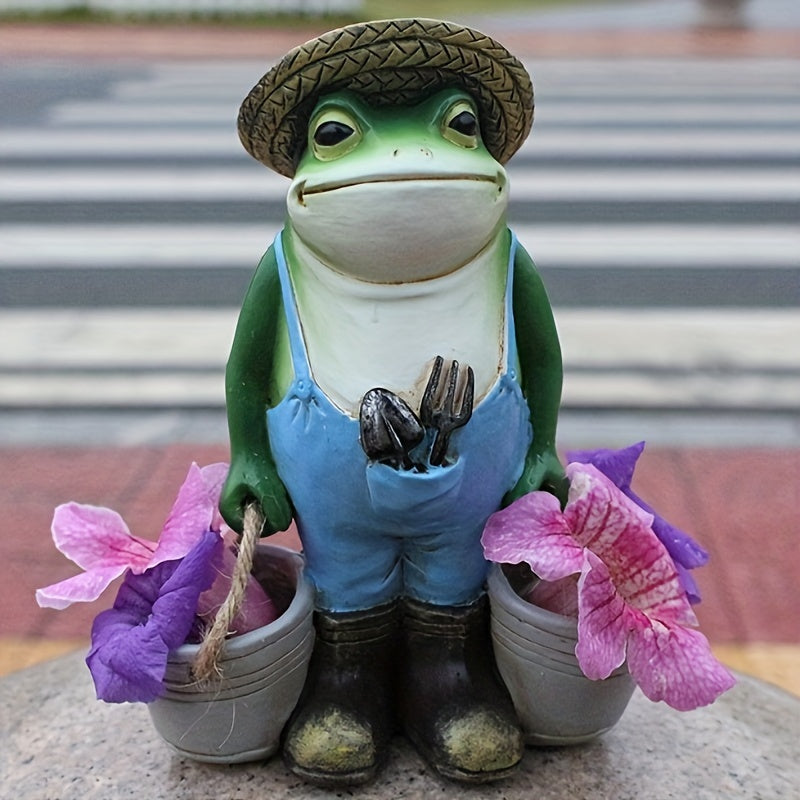 1pc Rustic Frog Statue - Weather-Resistant Resin Garden Frog with Straw Hat &amp; Standing Base